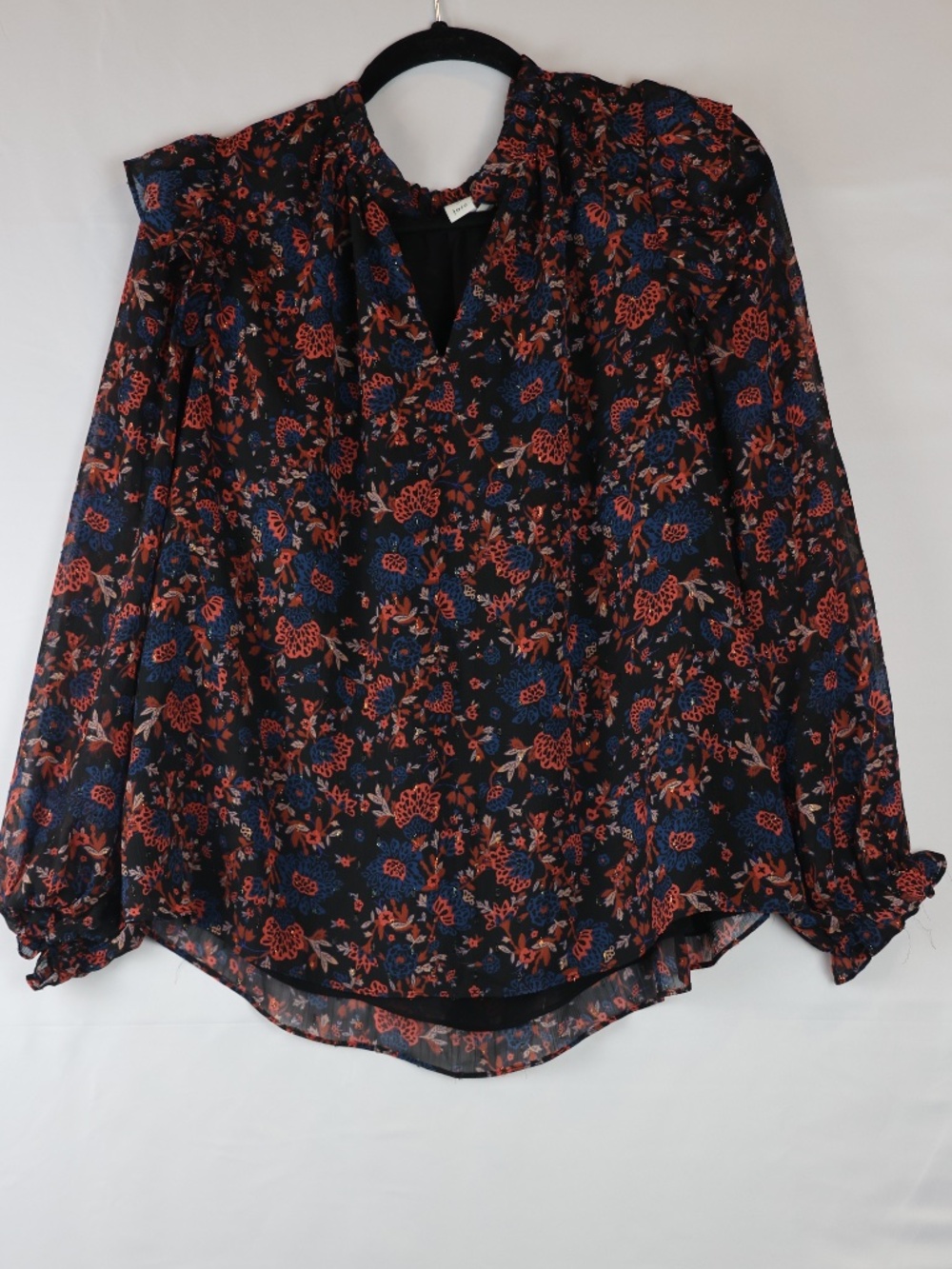 Joie Black Floral V-Neck Ruffled Long Sleeve Blouse